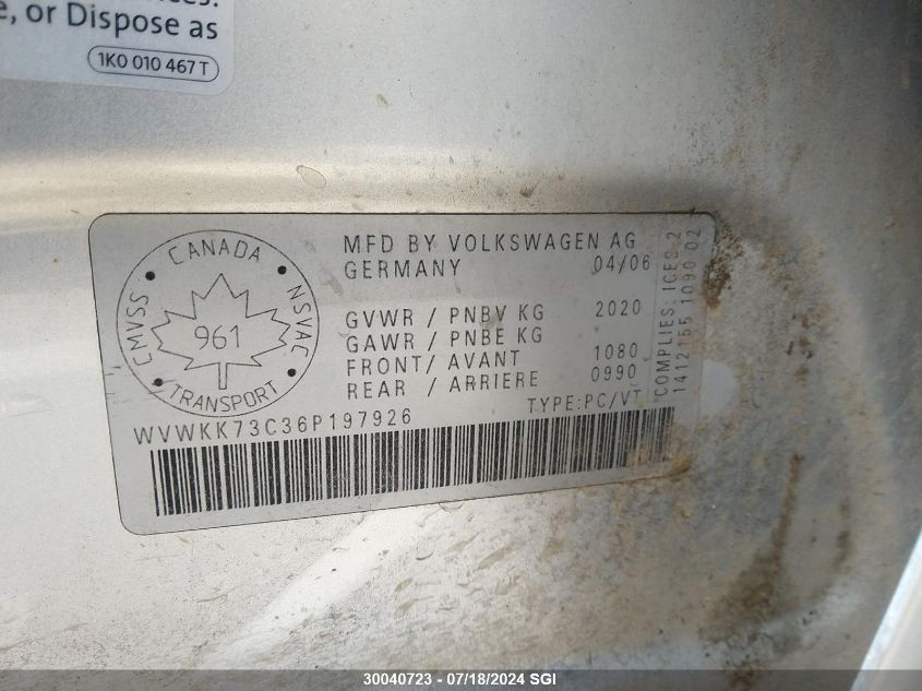 2006 Volkswagen Passat 2.0T Luxury VIN: WVWKK73C36P197926 Lot: 30040723