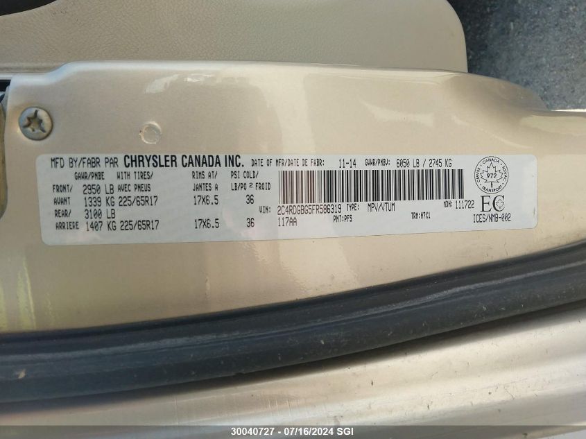 2015 Dodge Grand Caravan Se VIN: 2C4RDGBG5FR586319 Lot: 30040727