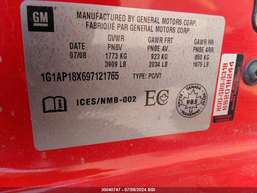 2009 Chevrolet Cobalt Ss VIN: 1G1AP18X697121765 Lot: 30040747