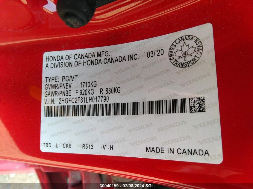 2020 Honda Civic Sport VIN: 2HGFC2F81LH017790 Lot: 30040159