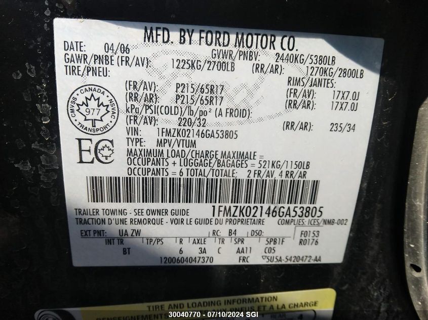 2006 Ford Freestyle Sel VIN: 1FMZK02146GA53805 Lot: 30040770