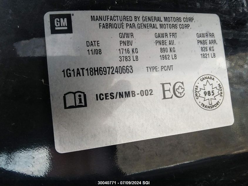 2009 Chevrolet Cobalt Lt VIN: 1G1AT18H697240663 Lot: 30040771