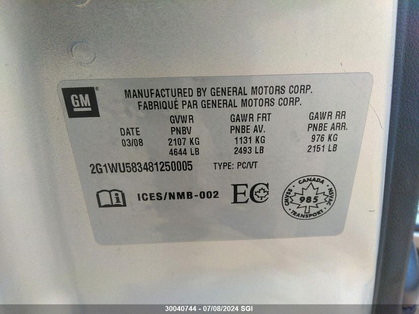 2008 Chevrolet Impala Ltz VIN: 2G1WU583481250005 Lot: 30040744