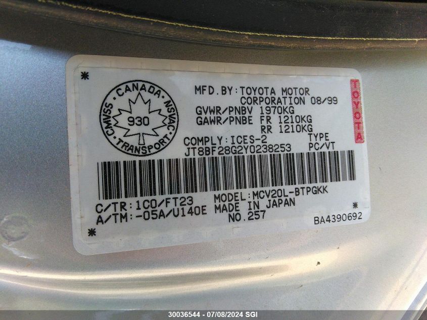 2000 Lexus Es 300 VIN: JT8BF28G2Y0238253 Lot: 30036544