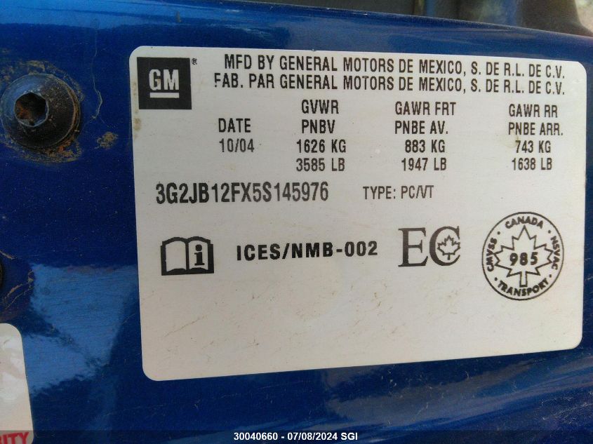 2005 Pontiac Sunfire VIN: 3G2JB12FX5S145976 Lot: 30040660