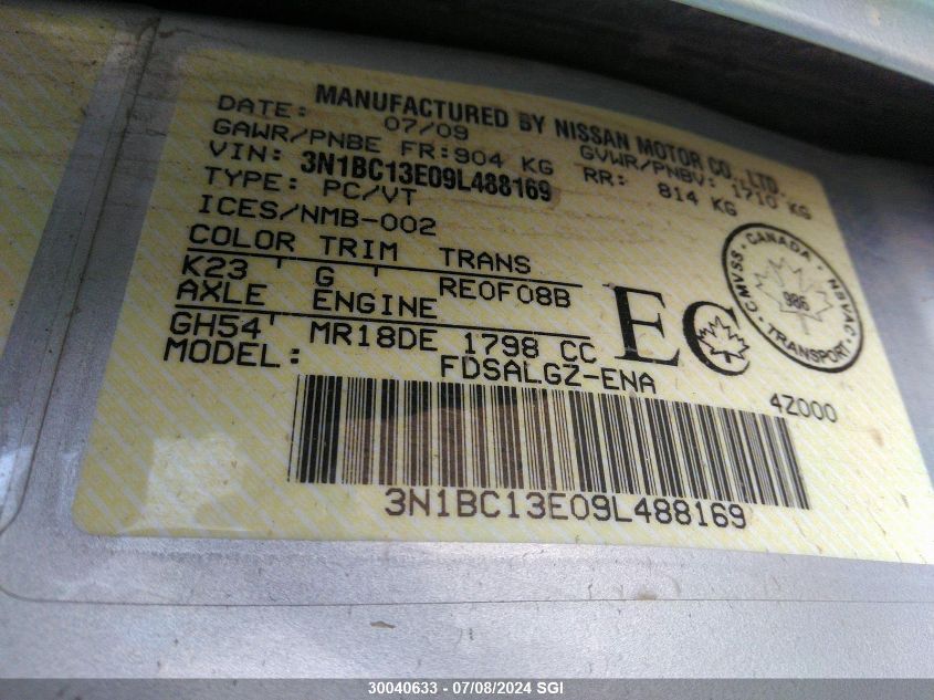 2009 Nissan Versa S/Sl VIN: 3N1BC13E09L488169 Lot: 30040633