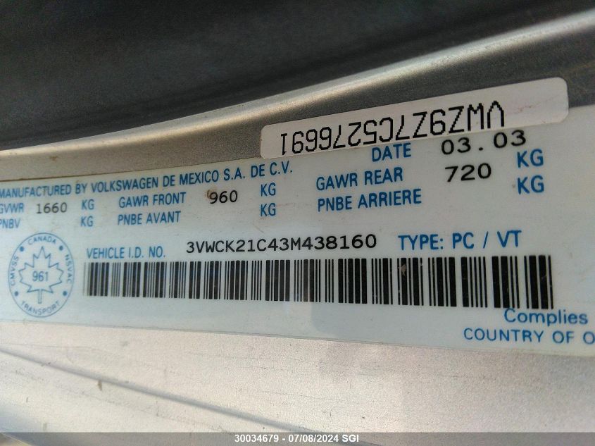 2003 Volkswagen New Beetle Gls VIN: 3VWCK21C43M438160 Lot: 30034679
