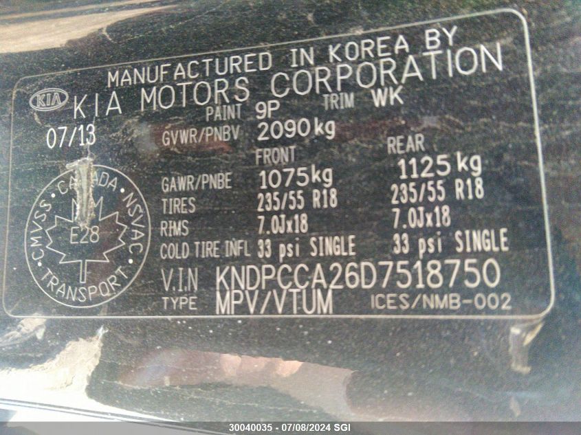 2013 Kia Sportage Ex VIN: KNDPCCA26D7518750 Lot: 30040035