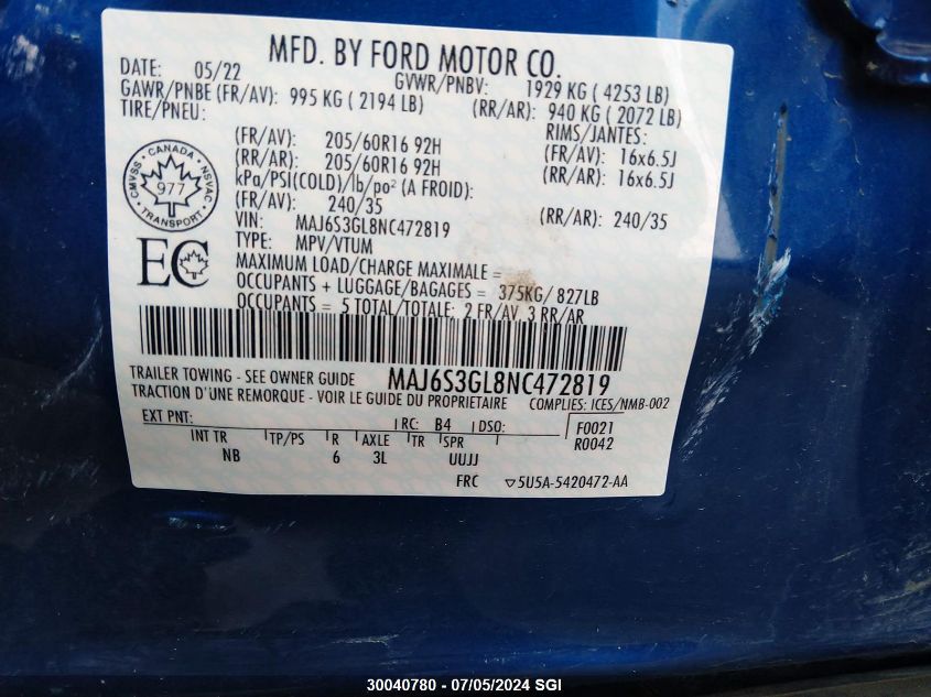 2022 Ford Ecosport Se VIN: MAJ6S3GL8NC472819 Lot: 30040780
