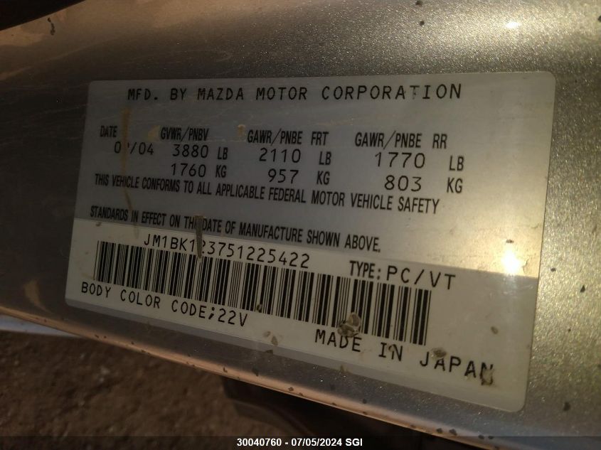 2005 Mazda 3 S VIN: JM1BK123751225422 Lot: 30040760