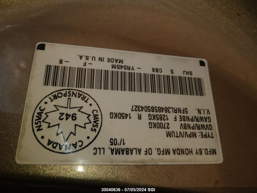 2005 Honda Odyssey Ex VIN: 5FNRL38485B504327 Lot: 30040636