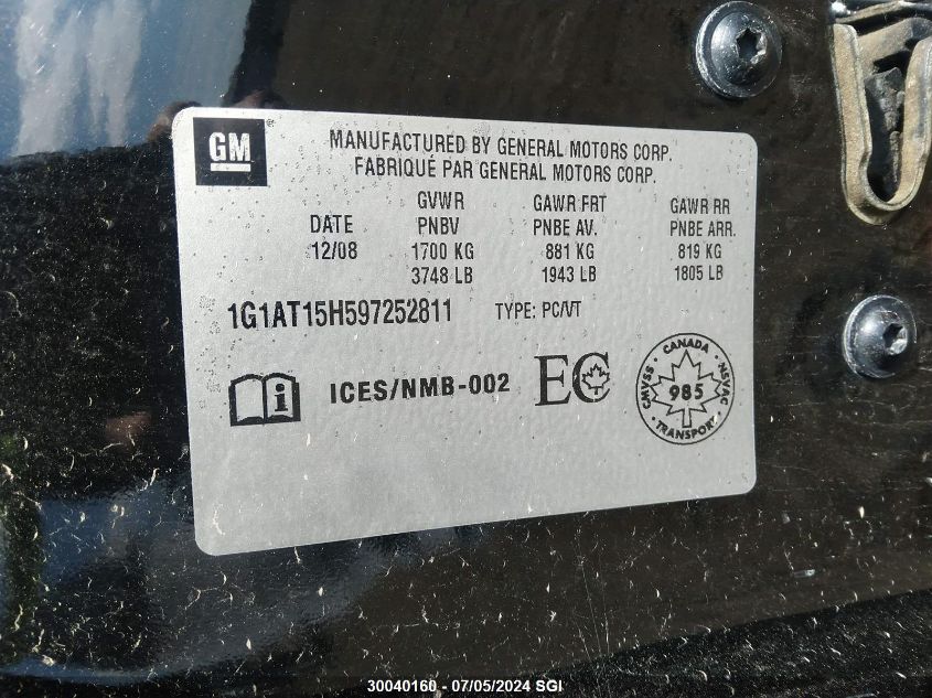 2009 Chevrolet Cobalt Lt VIN: 1G1AT15H597252811 Lot: 30040160