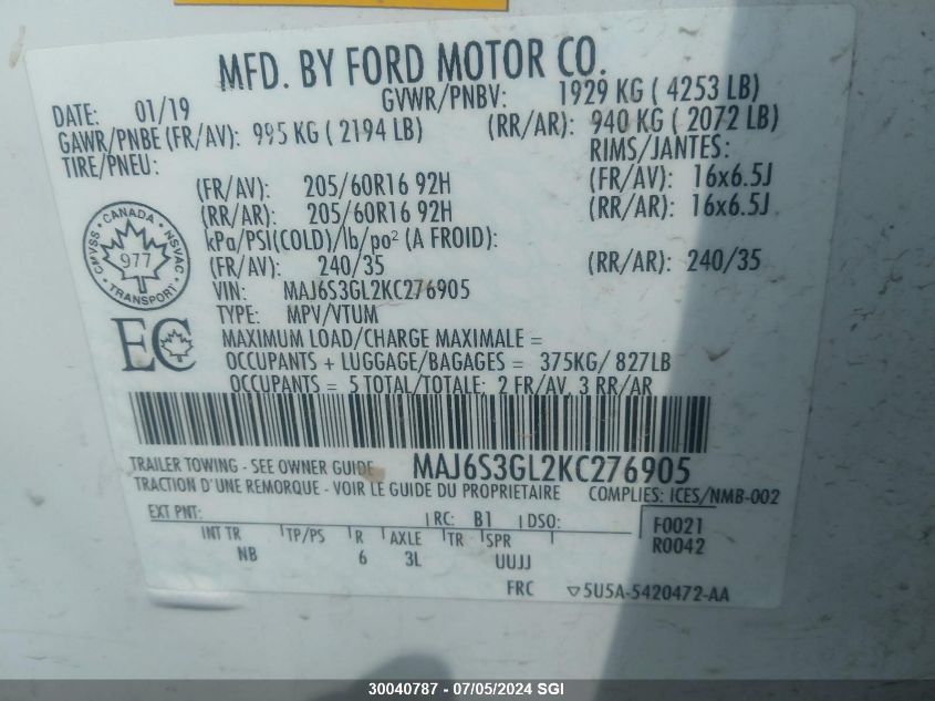 2019 Ford Ecosport Se VIN: MAJ6S3GL2KC276905 Lot: 30040787