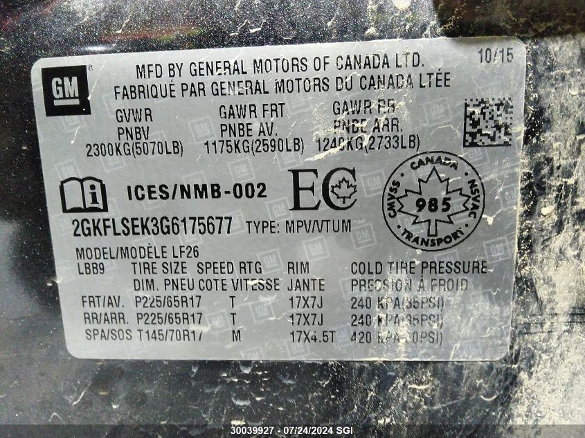 2016 GMC Terrain Sle VIN: 2GKFLSEK3G6175677 Lot: 30039927