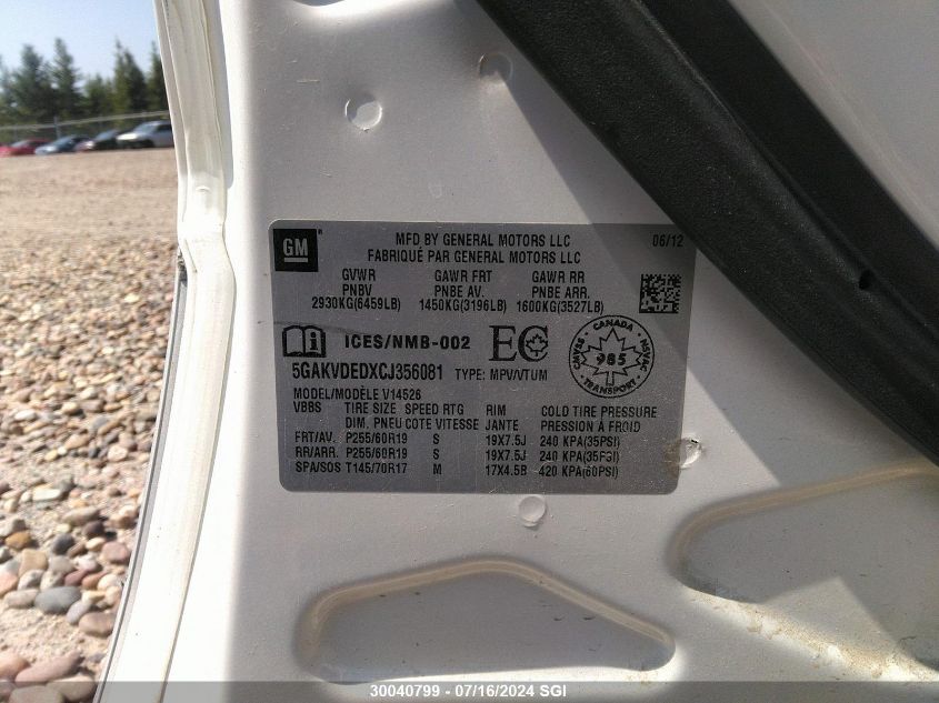 2012 Buick Enclave VIN: 5GAKVDEDXCJ356081 Lot: 30040799