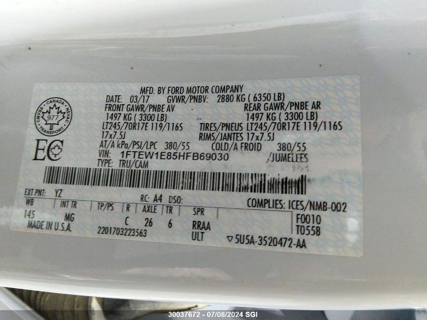 2017 Ford F150 Supercrew VIN: 1FTEW1E85HFB69030 Lot: 30037672