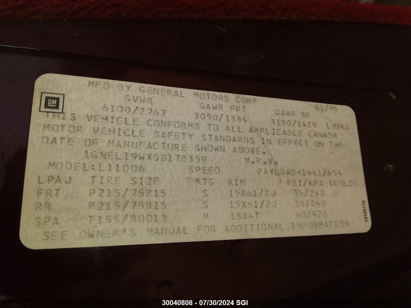 1995 Chevrolet Astro VIN: 1GNEL19WXSB178359 Lot: 30040808