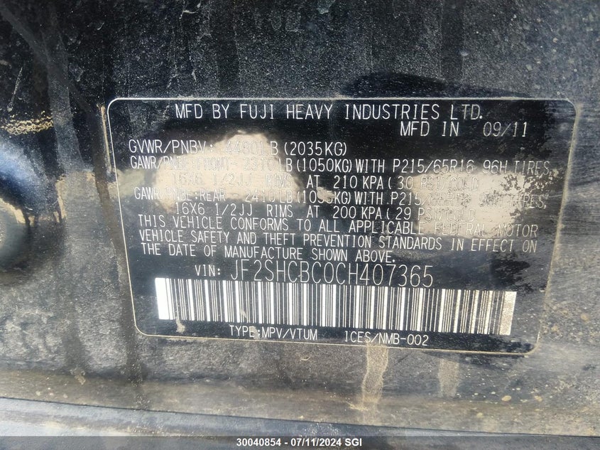 2012 Subaru Forester 2.5X VIN: JF2SHCBC0CH407365 Lot: 30040854