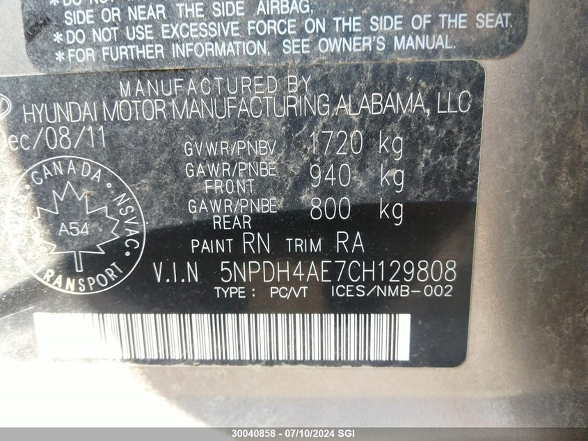 2012 Hyundai Elantra Gls/Limited VIN: 5NPDH4AE7CH129808 Lot: 30040858