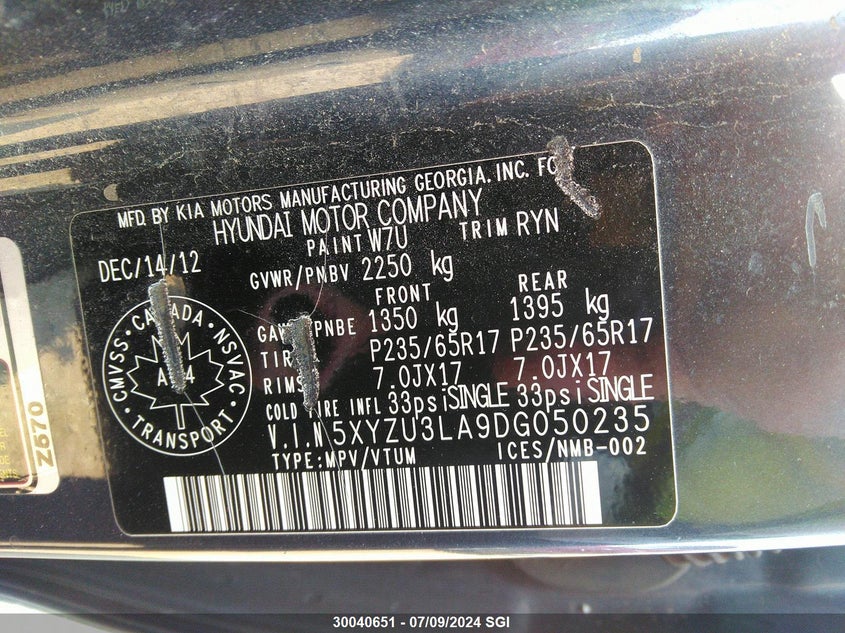 2013 Hyundai Santa Fe Sport VIN: 5XYZU3LA9DG050235 Lot: 30040651