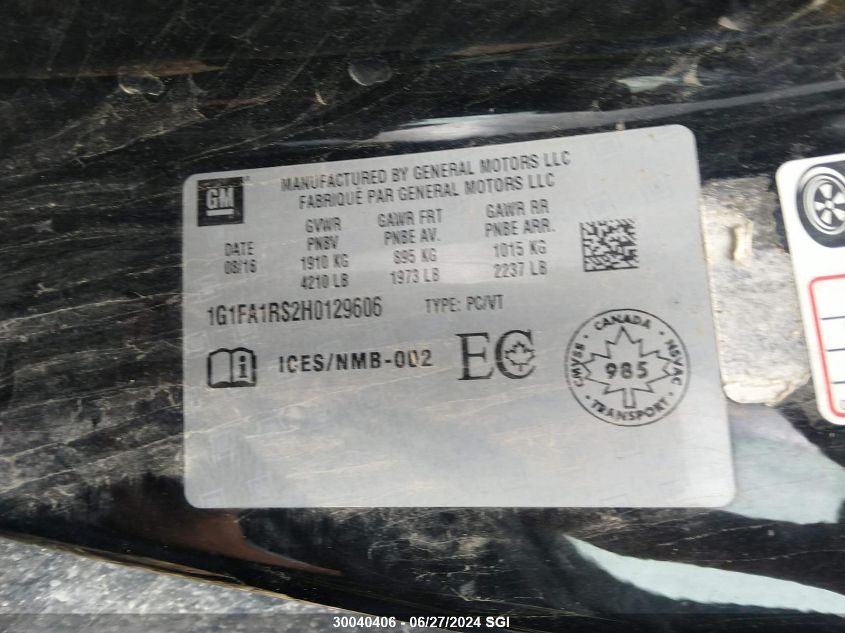 2017 Chevrolet Camaro Ls/Lt VIN: 1G1FA1RS2H0129606 Lot: 30040406