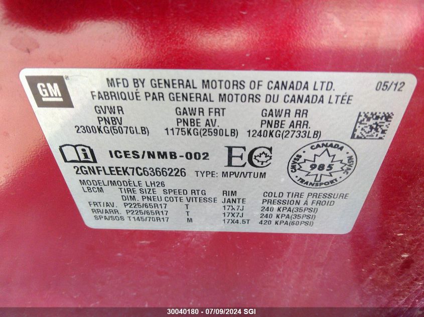 2012 Chevrolet Equinox Lt VIN: 2GNFLEEK7C6366226 Lot: 30040180