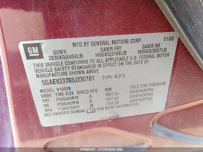 2008 Buick Enclave Cxl VIN: 5GAEV23768J230161 Lot: 30040343