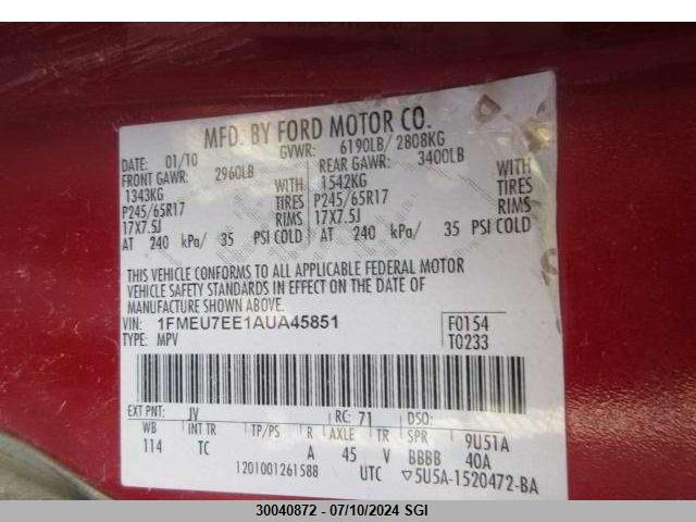 2010 Ford Explorer Eddie Bauer VIN: 1FMEU7EE1AUA45851 Lot: 30040872