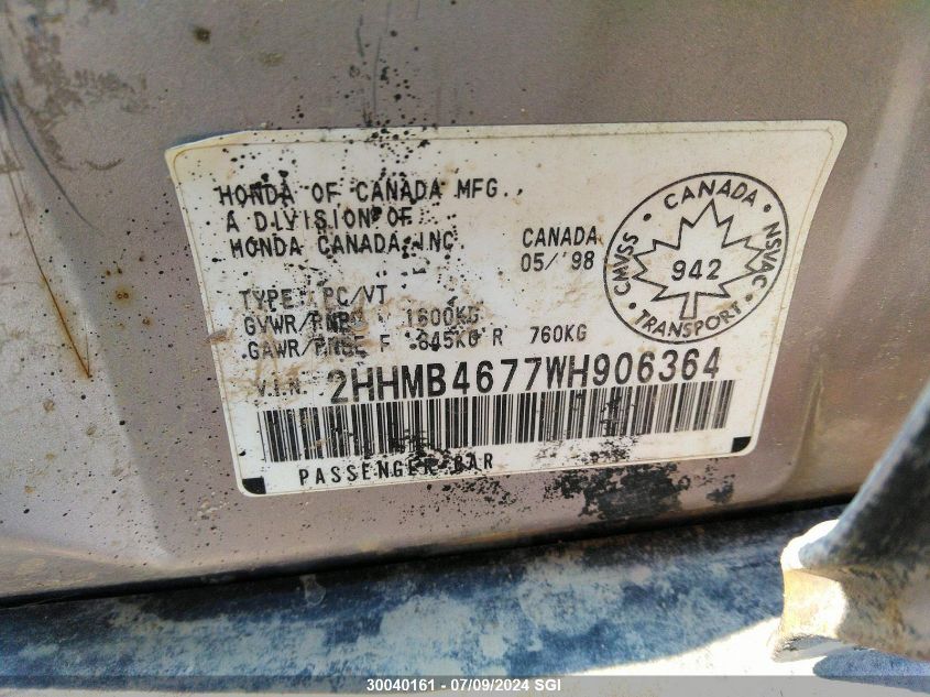 1998 Acura 1.6El Premium VIN: 2HHMB4677WH906364 Lot: 30040161