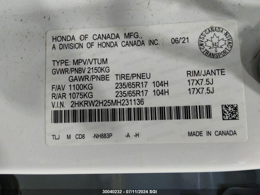 2021 Honda Cr-V Lx VIN: 2HKRW2H25MH231136 Lot: 30040232