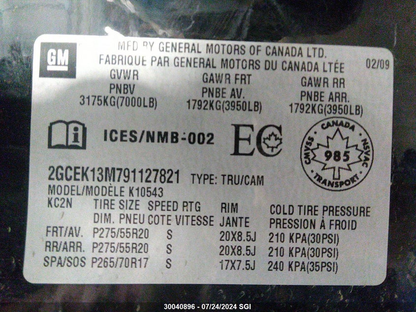 2009 Chevrolet Silverado K1500 VIN: 2GCEK13M791127821 Lot: 30040896