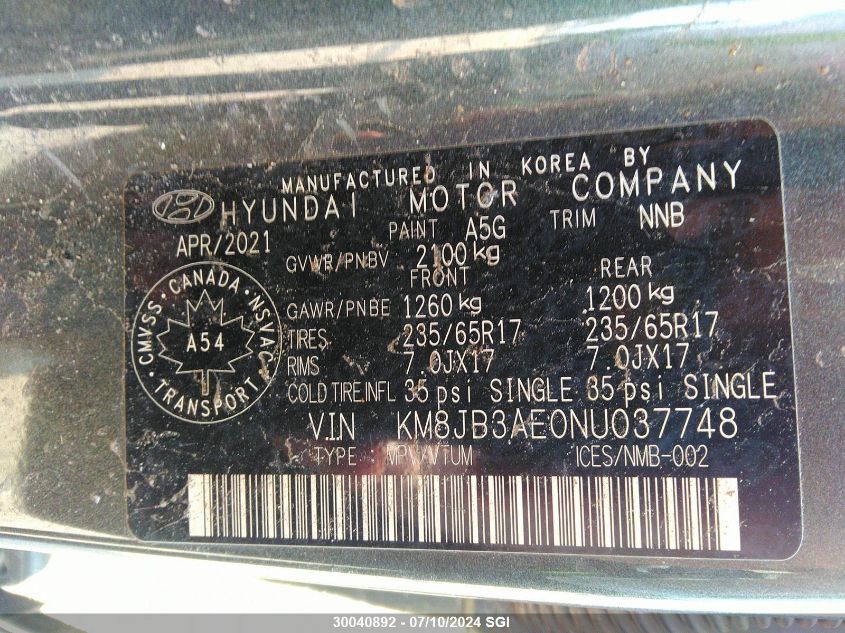 2022 Hyundai Tucson Sel VIN: KM8JB3AE0NU037748 Lot: 30040892