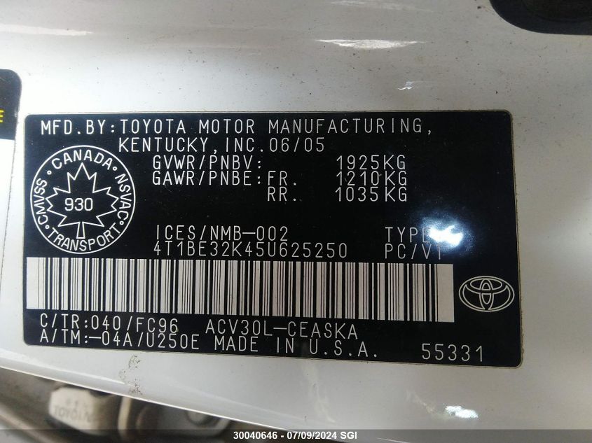 2005 Toyota Camry Le/Xle/Se VIN: 4T1BE32K45U625250 Lot: 30040646