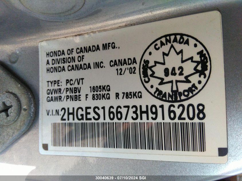 2003 Honda Civic Lx VIN: 2HGES16673H916208 Lot: 30040639