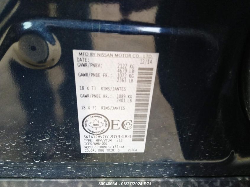 2015 Nissan Rogue S/Sl/Sv VIN: 5N1AT2MV7FC803484 Lot: 30040034