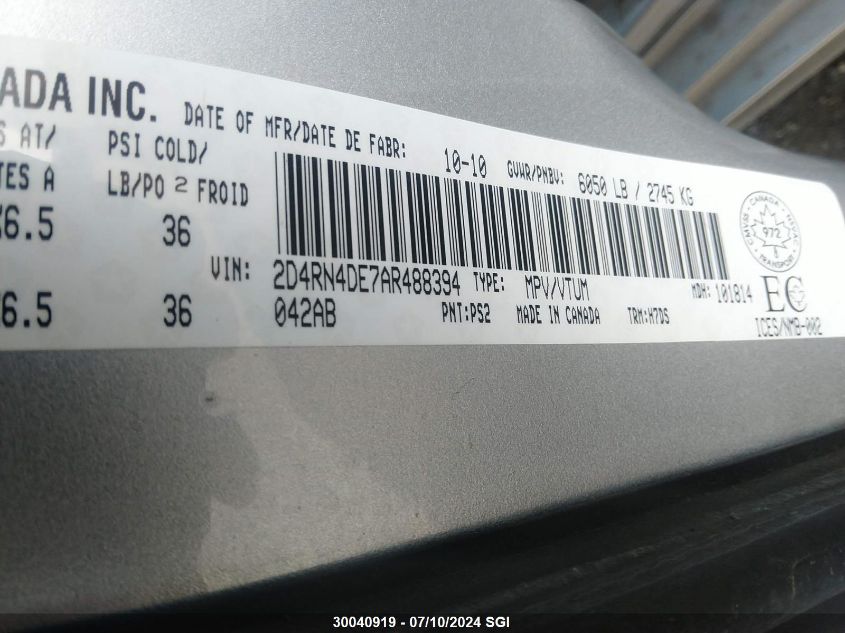 2010 Dodge Grand Caravan Se VIN: 2D4RN4DE7AR488394 Lot: 30040919