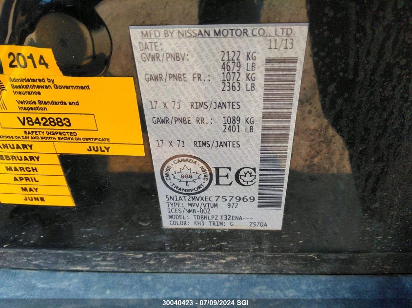2014 Nissan Rogue S/Sl/Sv VIN: 5N1AT2MVXEC757969 Lot: 30040423