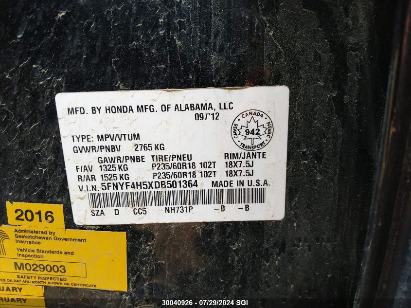 2013 Honda Pilot Exl VIN: 5FNYF4H5XDB501364 Lot: 30040926