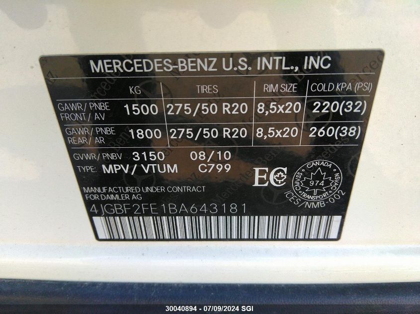 2011 Mercedes-Benz Gl-Class VIN: 4JGBF2FE1BA643181 Lot: 30040894