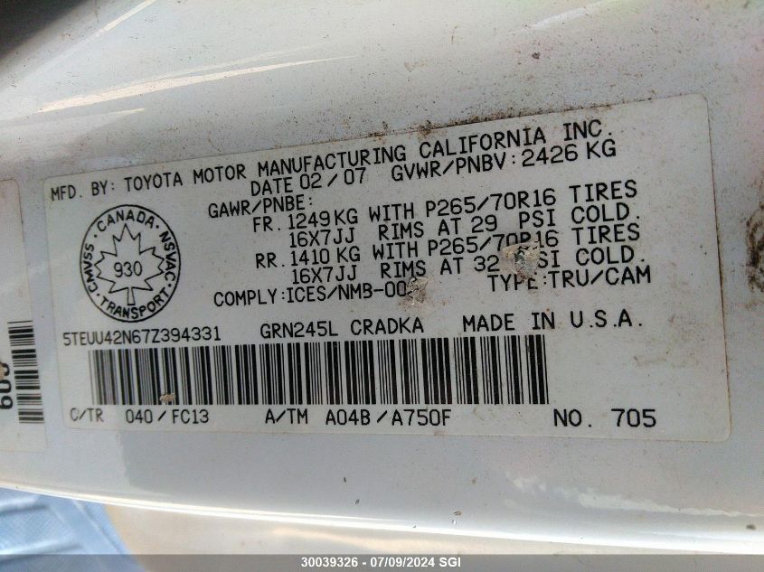 2007 Toyota Tacoma Access Cab VIN: 5TEUU42N67Z394331 Lot: 30039326