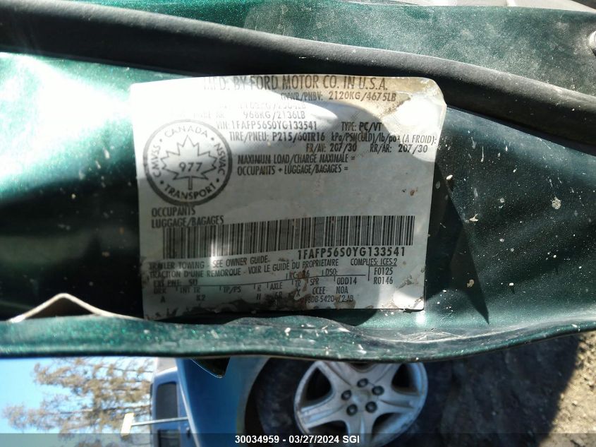 2000 Ford Taurus Sel VIN: 1FAFP56S0YG133541 Lot: 30034959