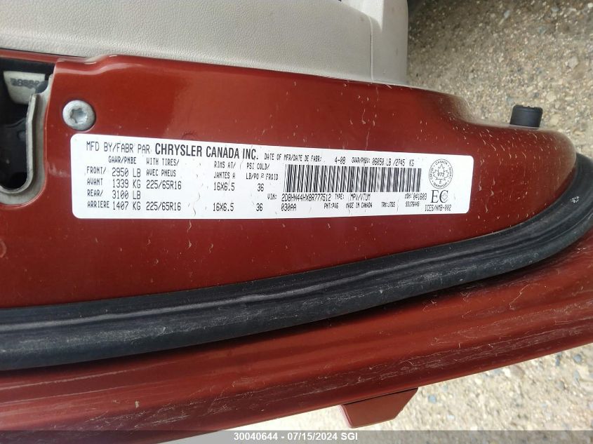 2008 Dodge Grand Caravan Se VIN: 2D8HN44HX8R777512 Lot: 30040644