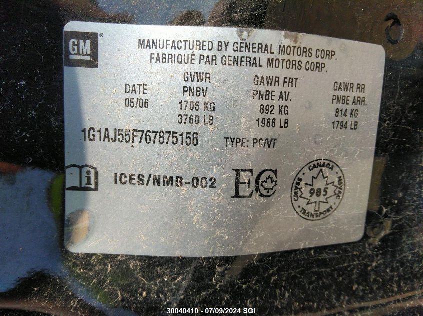2006 Chevrolet Cobalt Ls VIN: 1G1AJ55F767875158 Lot: 30040410
