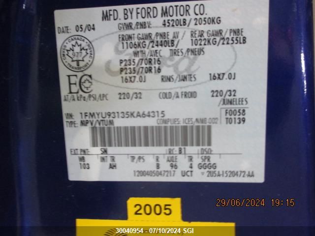 2005 Ford Escape Xlt VIN: 1FMYU93135KA64315 Lot: 30040954