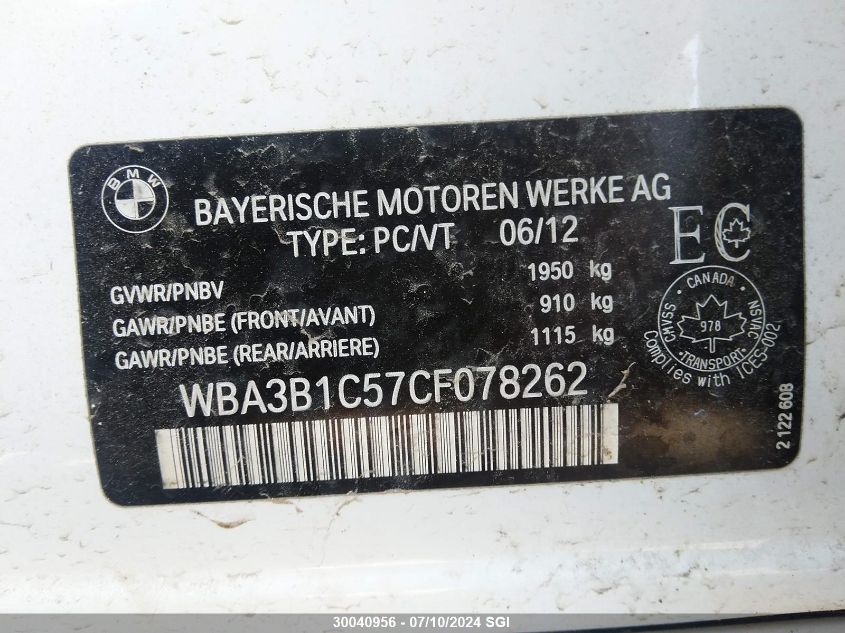 2012 BMW 320 I VIN: WBA3B1C57CF078262 Lot: 30040956