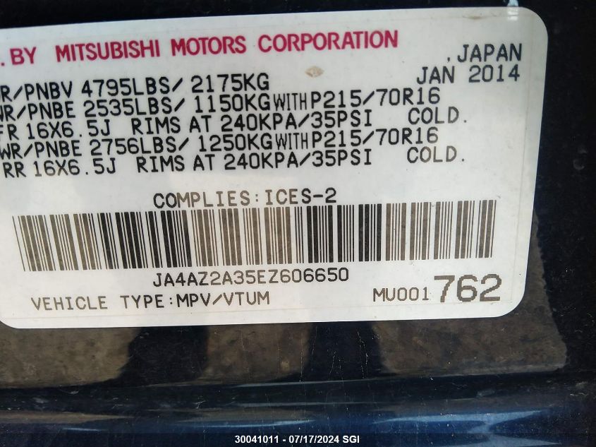 2014 Mitsubishi Outlander Es VIN: JA4AZ2A35EZ606650 Lot: 30041011