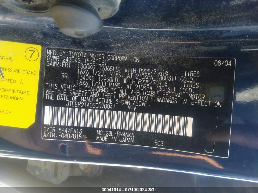 2005 Toyota Highlander Limited VIN: JTEEP21A050070041 Lot: 30041014