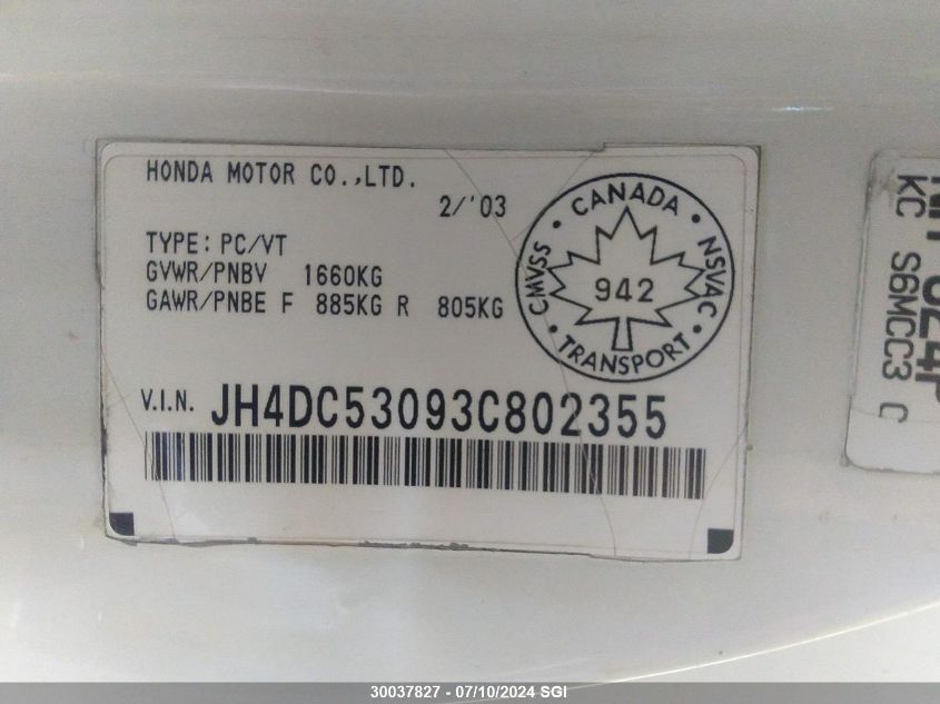 2003 Acura Rsx Type-S VIN: JH4DC53093C802355 Lot: 30037827