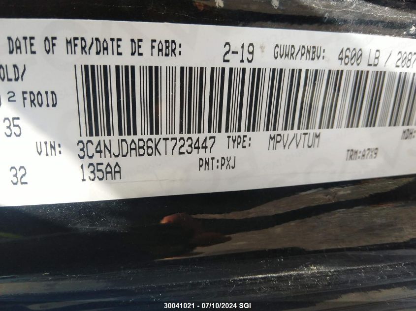 2019 Jeep Compass Sport VIN: 3C4NJDAB6KT723447 Lot: 30041021