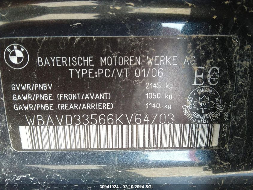 2006 BMW 330 Xi VIN: WBAVD33566KV64703 Lot: 30041024